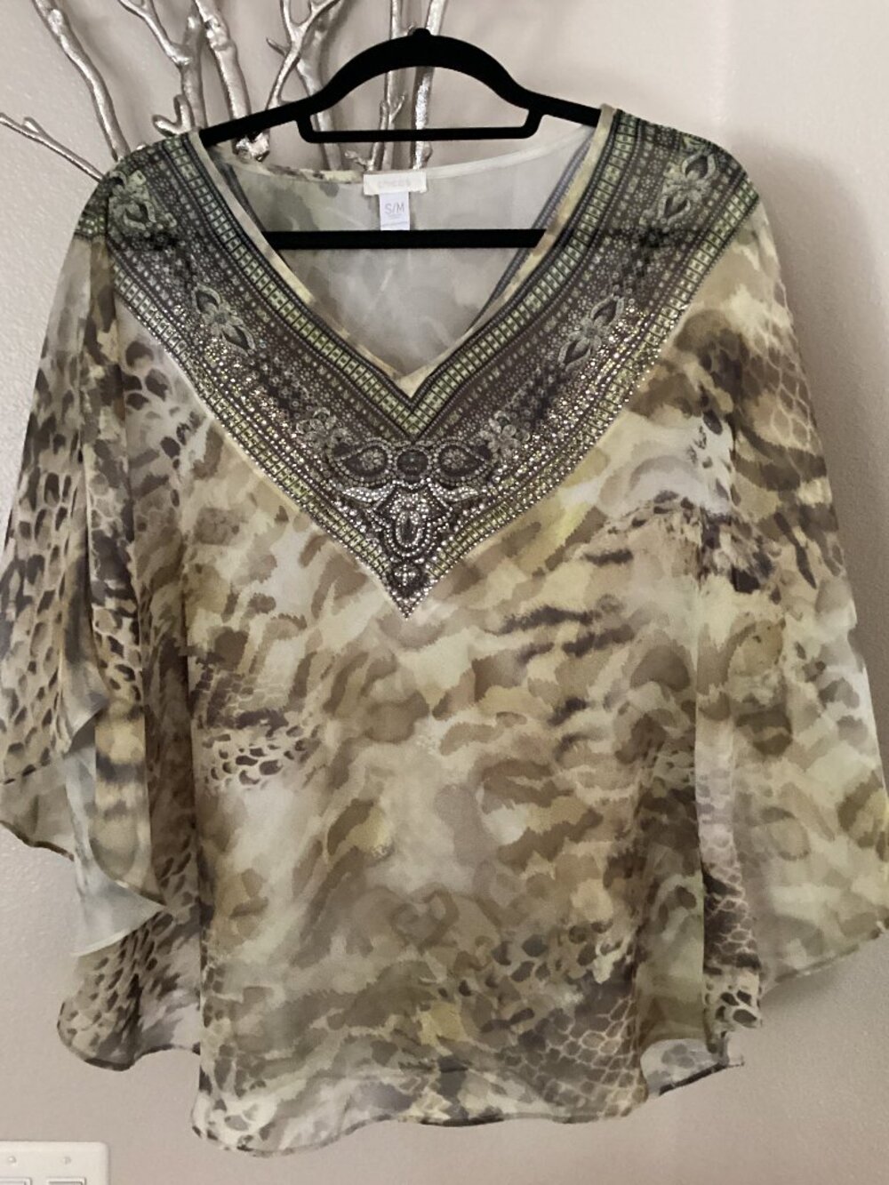 Chico's gold and brown embellished poncho, cover up, top, size S/M
